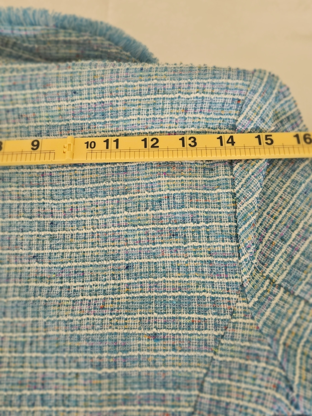 Belle by Kim Gravel Blue Tweed Double-Breasted Blazer Raw Hem Fringe S - Picture 15 of 16